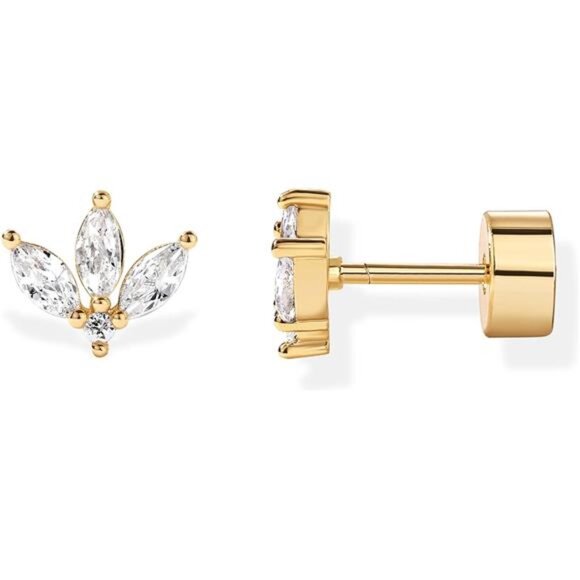 Gold Lotus Stud Earrings Cubic Zirconia Flat Back Helix Cartilage Jewelry - Picture 1 of 7